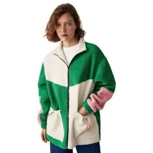 Cider Fleece Stand Collar Teddy ColorBlock Zip Front Jacket XS